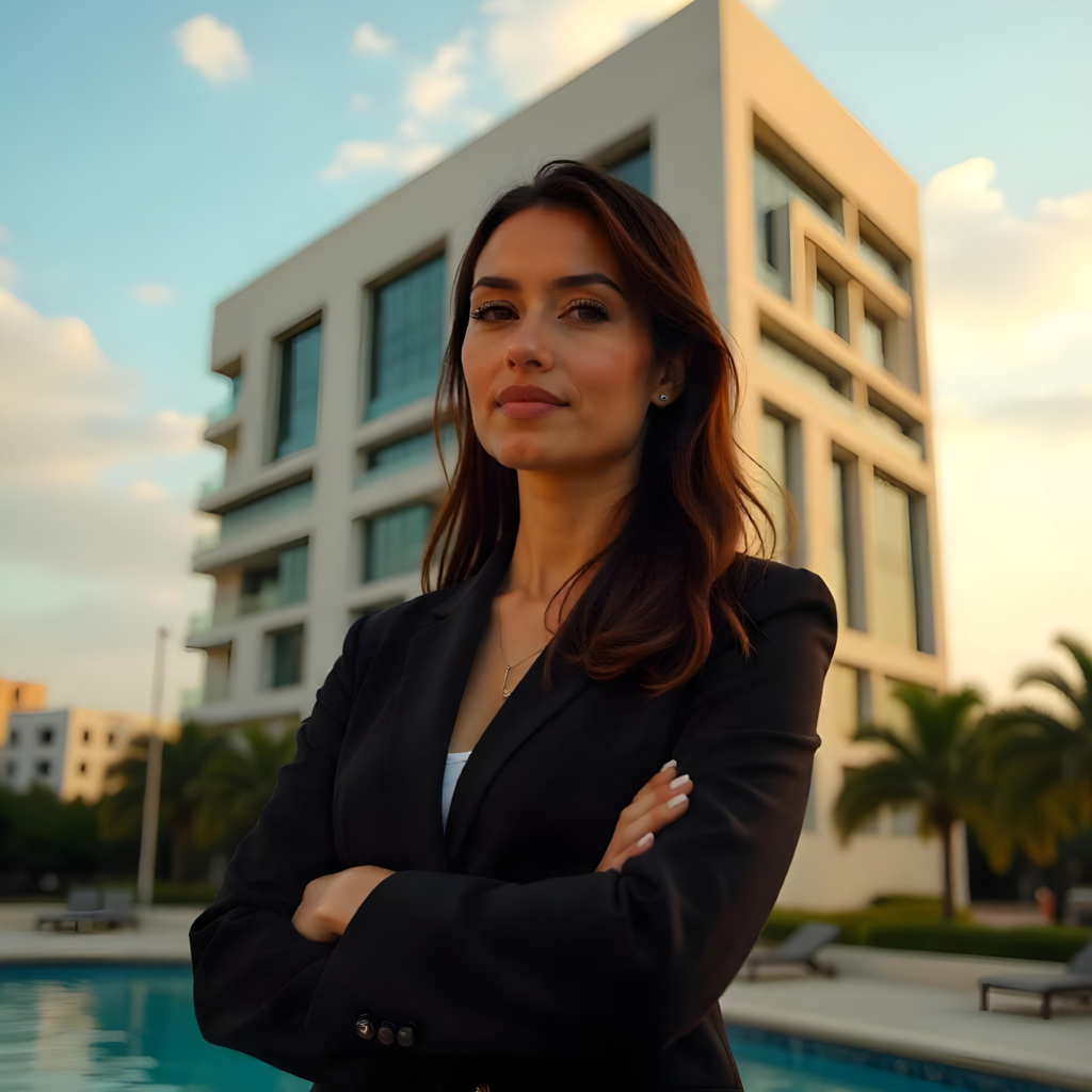 Advogada de braços cruzados em frente a um prédio comercial, transmitindo segurança, autoridade e confiança em Direito Imobiliário.