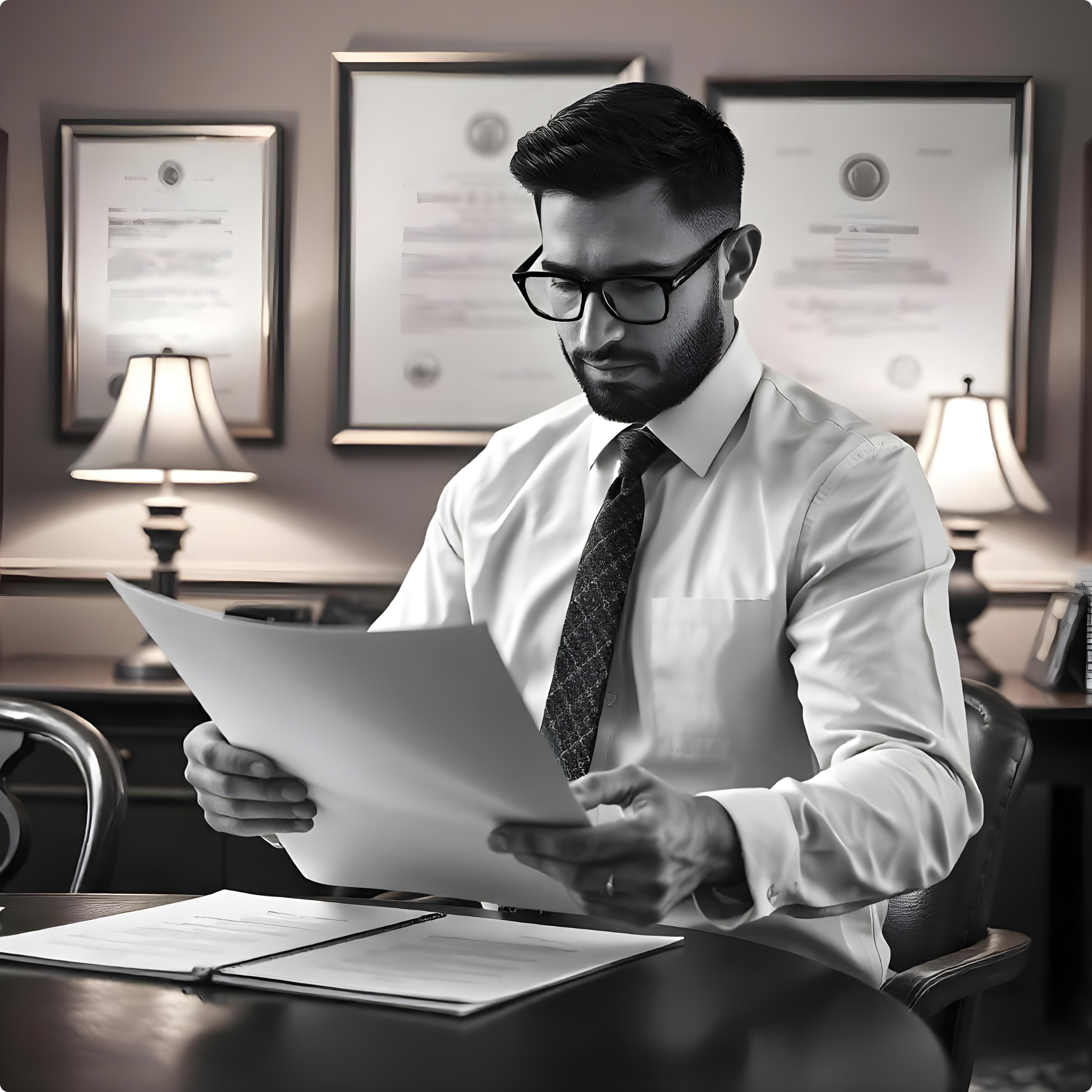 Advogado analisando documentos no escritório, transmitindo seriedade, técnica e segurança em negociações imobiliárias.