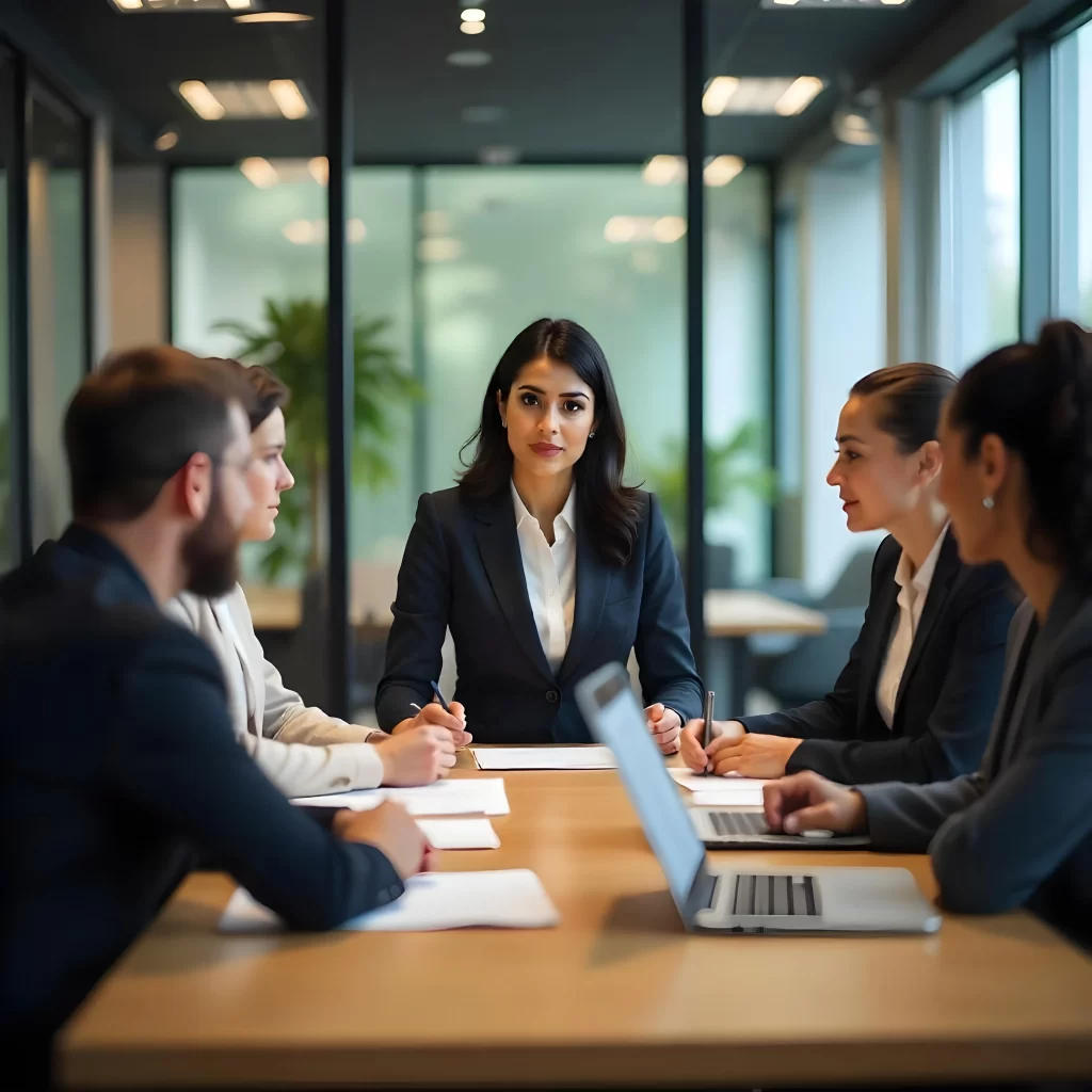 Advogada conduzindo uma reunião em sala corporativa, transmitindo confiança, autoridade e orientações jurídicas claras.