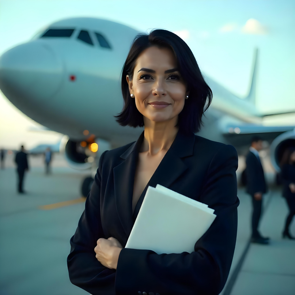Advogada em frente a avião, simbolizando proteção ao passageiro em imprevistos de viagem.