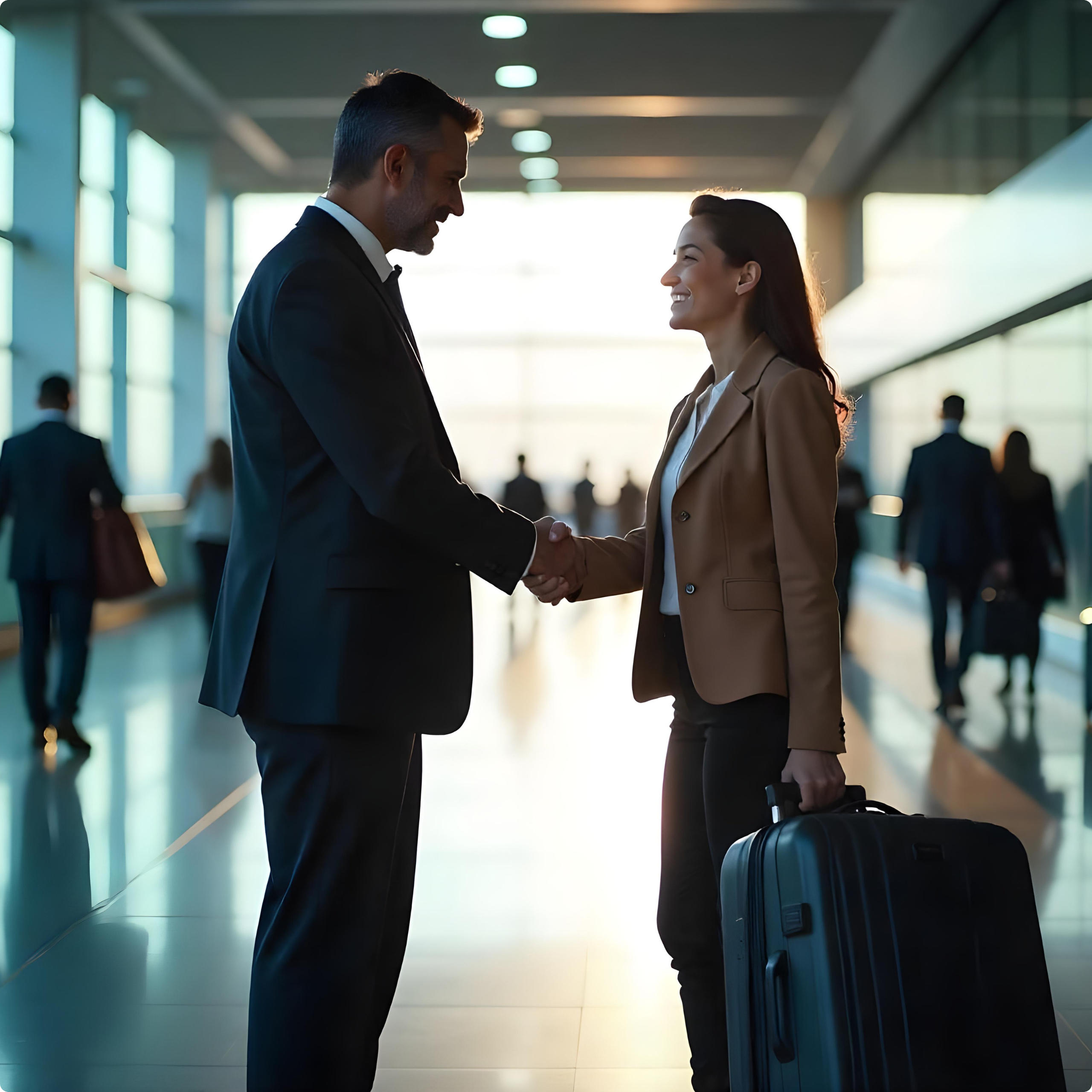 Advogado cumprimenta cliente em aeroporto, ilustrando orientação jurídica em viagens.