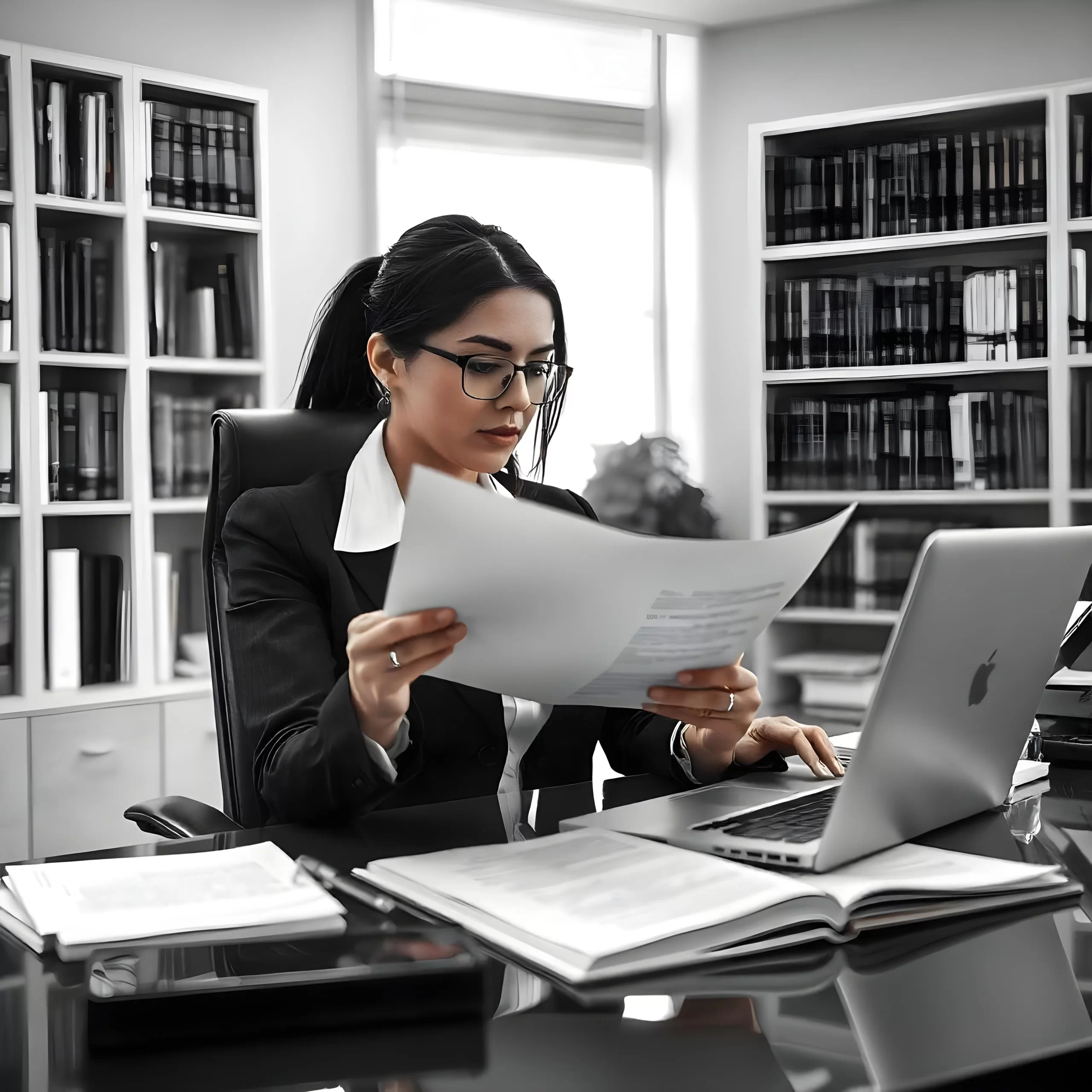 Advogada analisando documentos no escritório, transmitindo seriedade, foco técnico e segurança contratual.