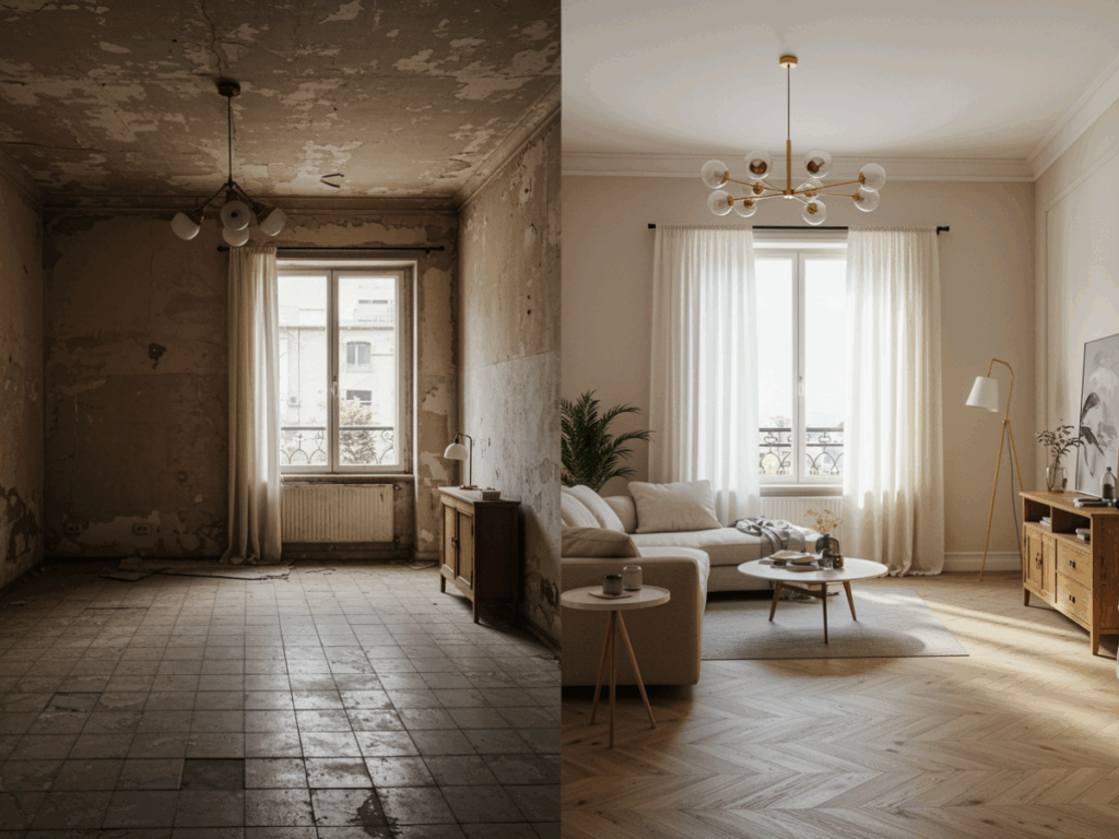 Antes e depois da reforma de imóvel comprado em leilão – Comparação de imóvel deteriorado e imóvel reformado, moderno e habitável.