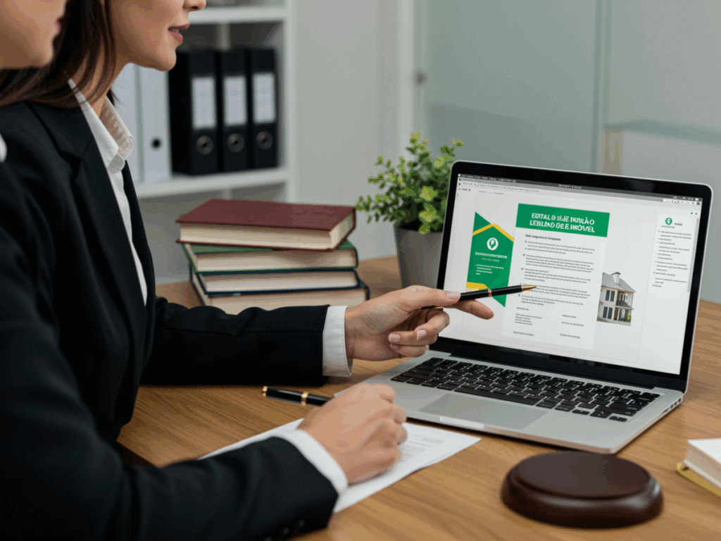 Advogada analisando edital de leilão de imóvel – Consultoria jurídica para compradores de imóveis em leilão.
