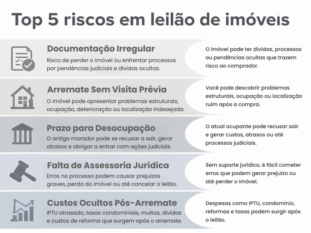 Top 5 riscos ao comprar imóvel em leilão – Documentação irregular, falta de assessoria, custos ocultos, desocupação e problemas estruturais.