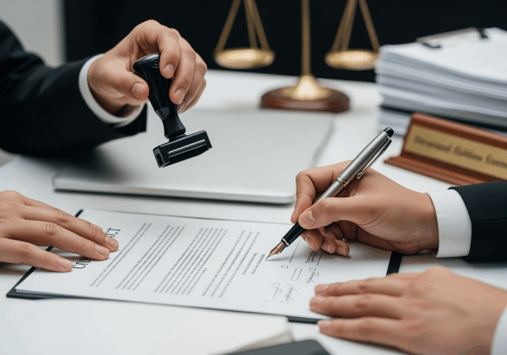 Advogado explicando cláusulas contratuais a empresários em sala corporativa, consultoria em Direito Empresarial para decisões seguras.