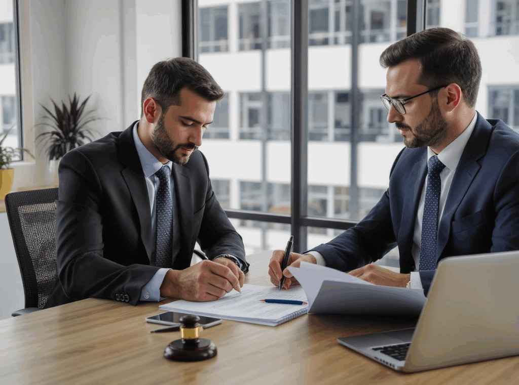 Advogado empresarial atendendo cliente em escritório, com contratos e notebook sobre a mesa.