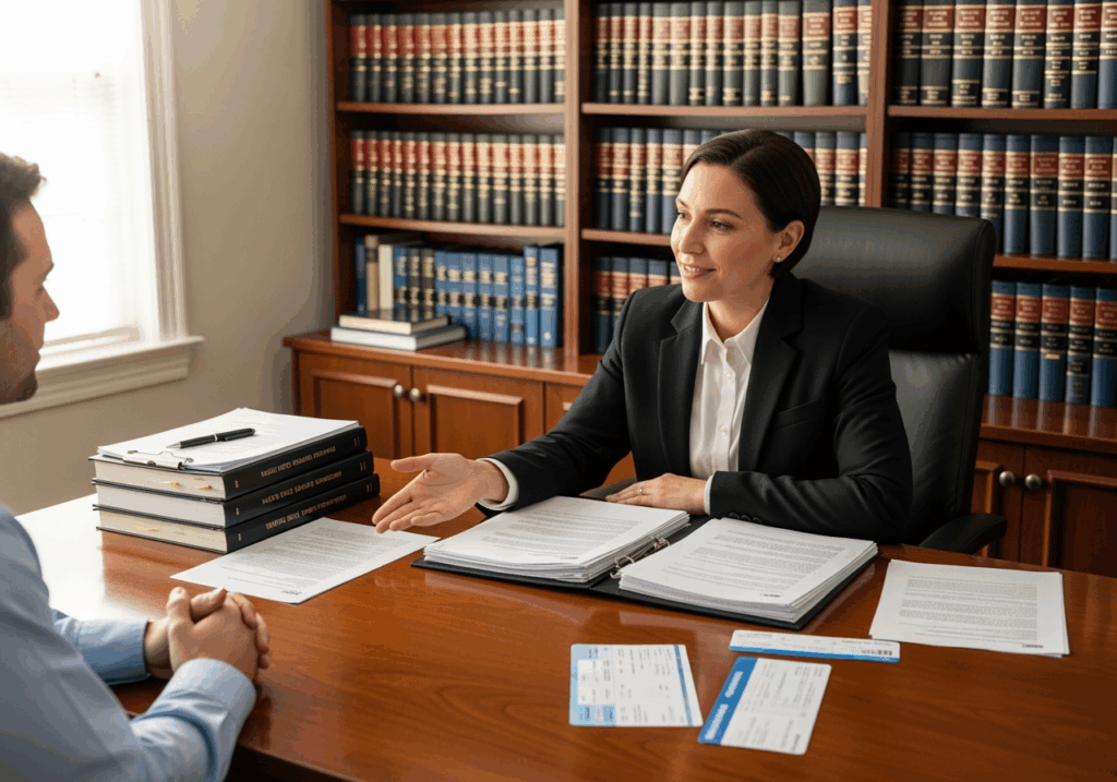 Advogado orientando cliente sobre direitos do passageiro e medidas contra companhias aéreas e agências.