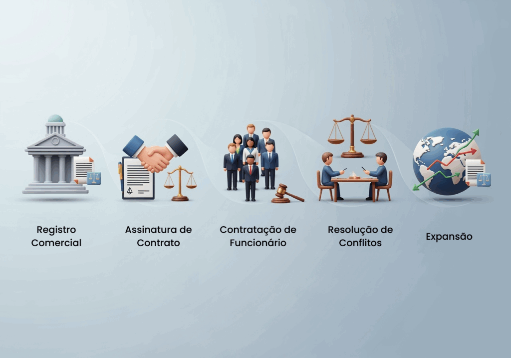 Linha do tempo empresarial mostrando etapas do negócio e o papel do jurídico em cada fase.