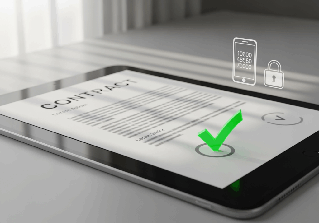 Checklist de conformidade LGPD em tablet com marcação de aprovação.