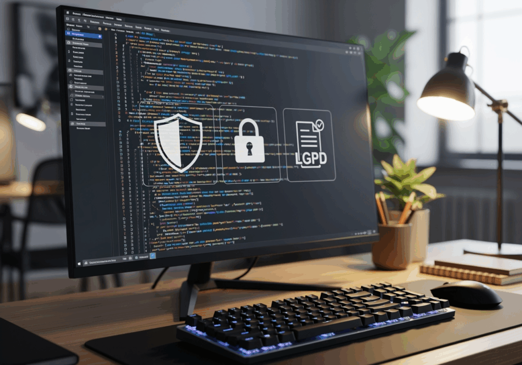 Tela com código e alertas de segurança representando monitoramento de dados.