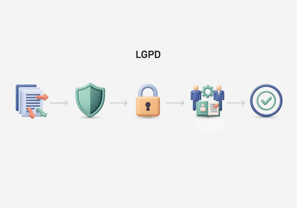 Infográfico da LGPD com fluxo de tratamento de dados e ícones de proteção