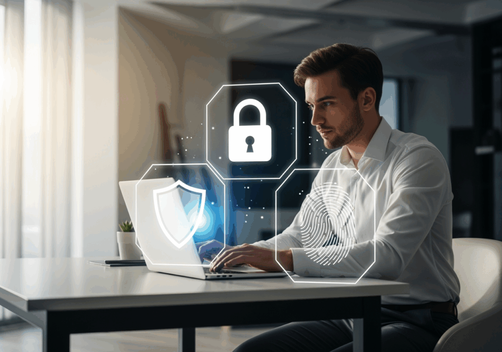 Profissional trabalha em notebook com ícone de cadeado, simbolizando segurança de dados.