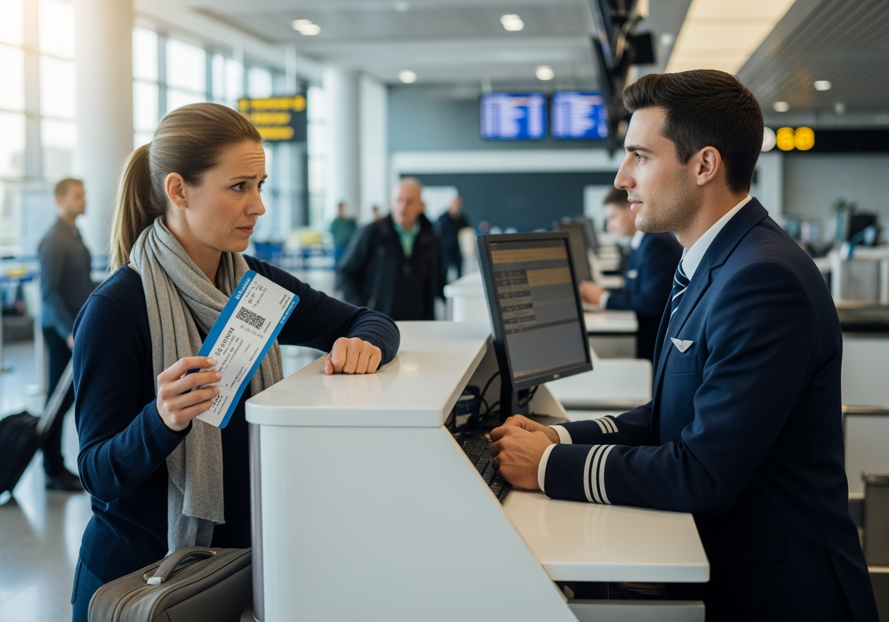Passageira no balcão da companhia aérea tirando dúvidas sobre direitos em atraso ou cancelamento de voo.
