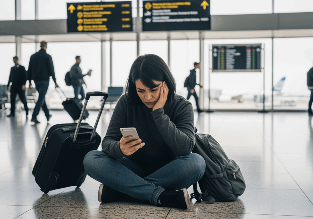 Passageira frustrada no aeroporto ao lado da bagagem, buscando seus direitos por atraso ou cancelamento de voo.
