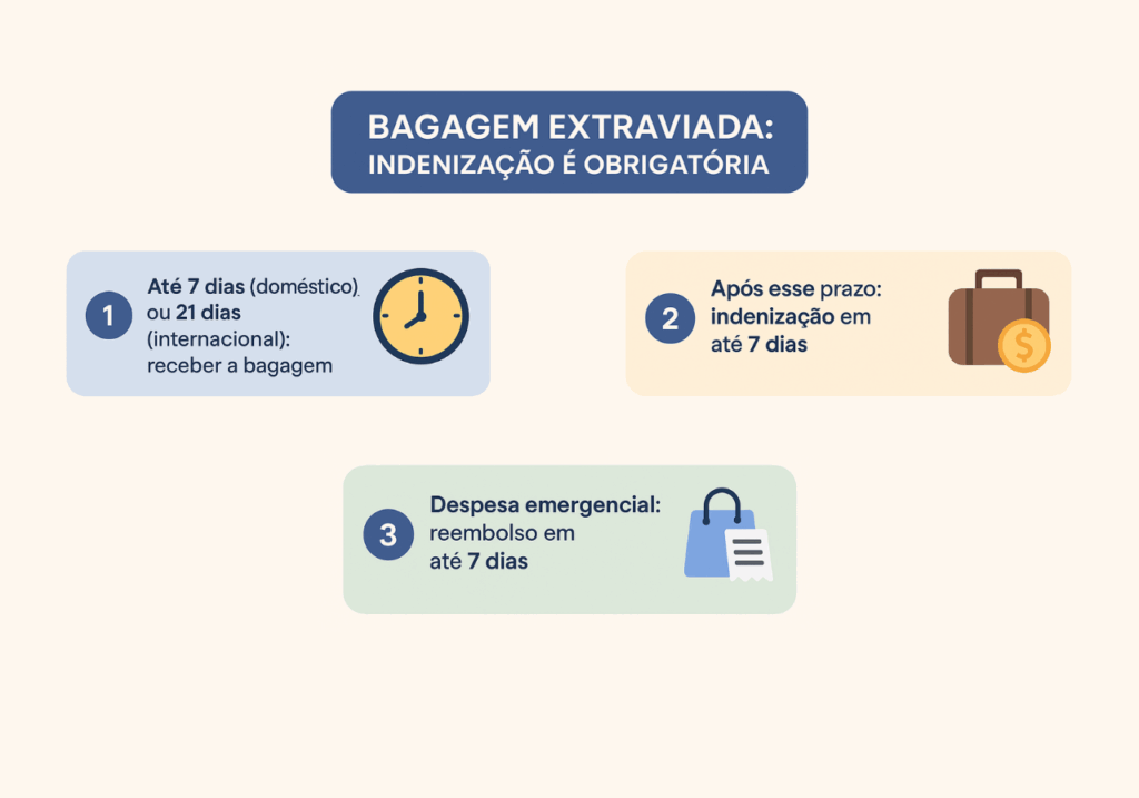 Infográfico com prazos e direitos do passageiro para extravio, atraso ou dano à bagagem durante o voo.
