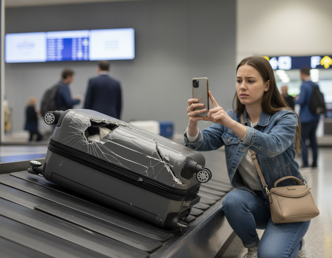 Bagagem danificada sendo fotografada para registro de prova