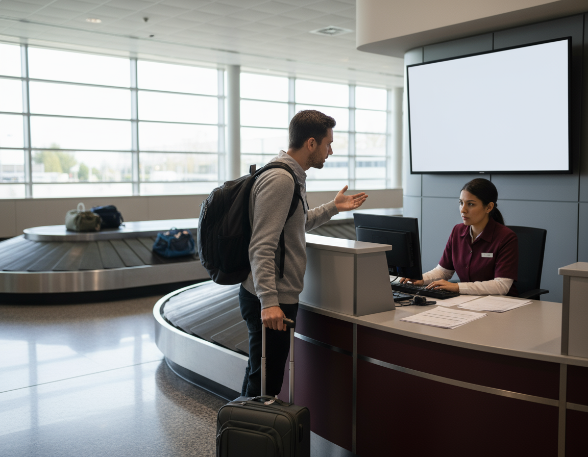 Passageiro relatando bagagem extraviada no balcão da companhia aérea