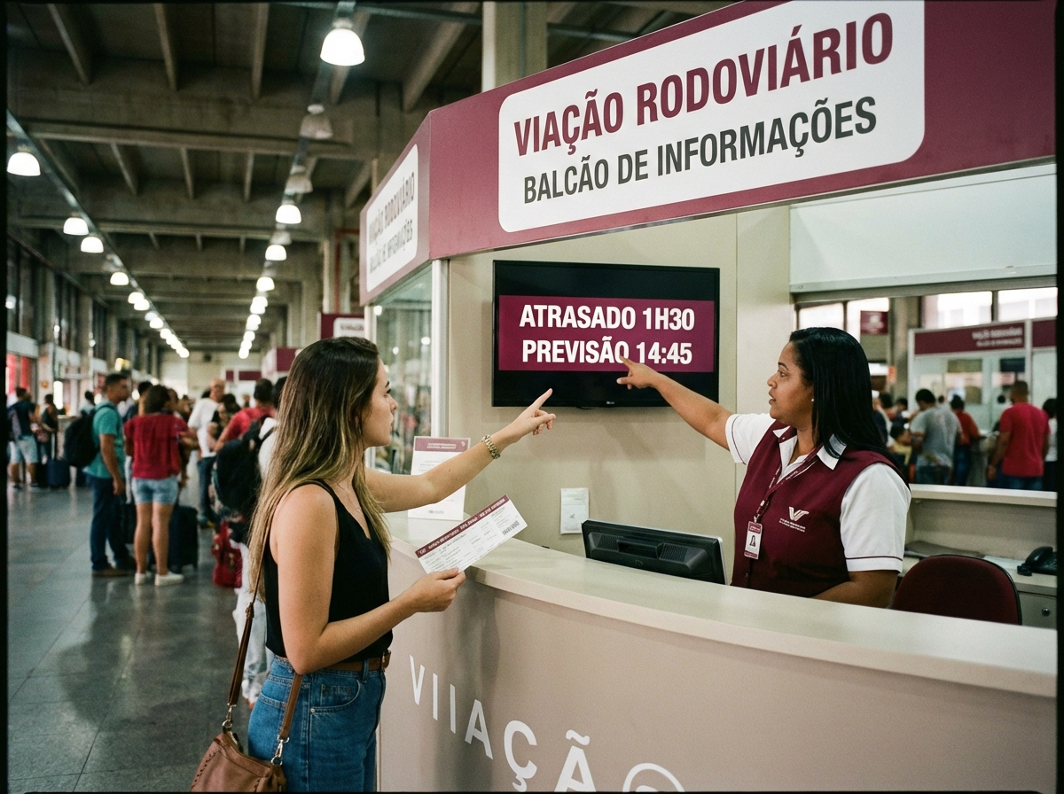 Atendimento no balcão da empresa de ônibus, com bilhete e informações sobre atraso e protocolo