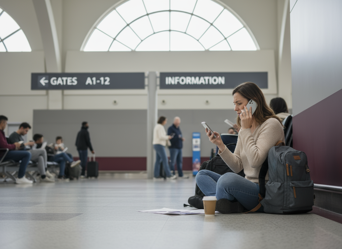 Passageira utilizando celular após atraso de voo