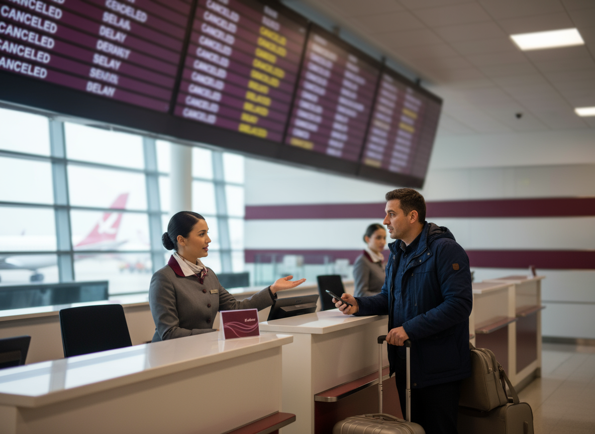 Passageiro avaliando com a companhia aérea reacomodação ou reembolso após cancelamento de voo