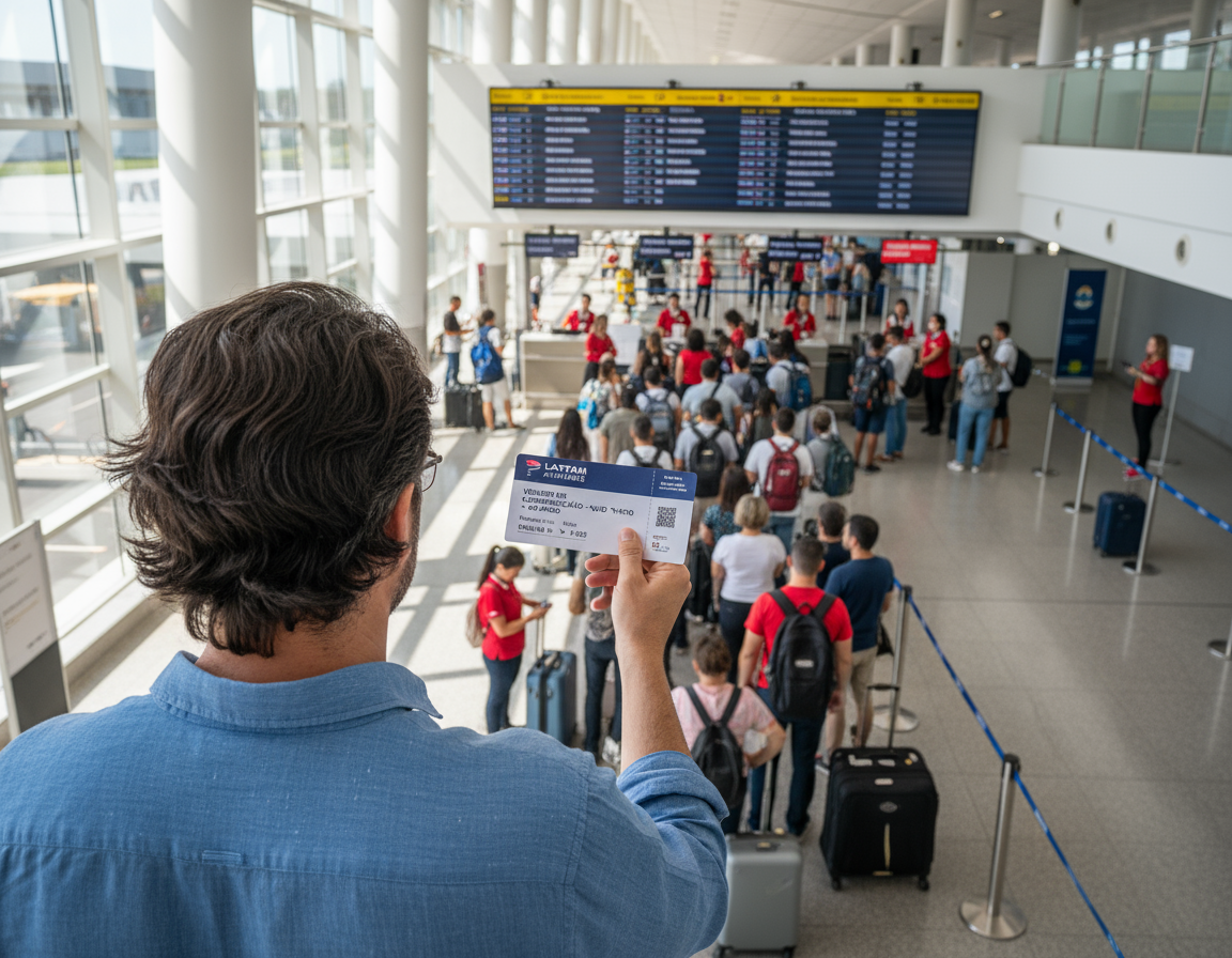 Fila de embarque com cartão de embarque em voo internacional atrasado ou cancelado