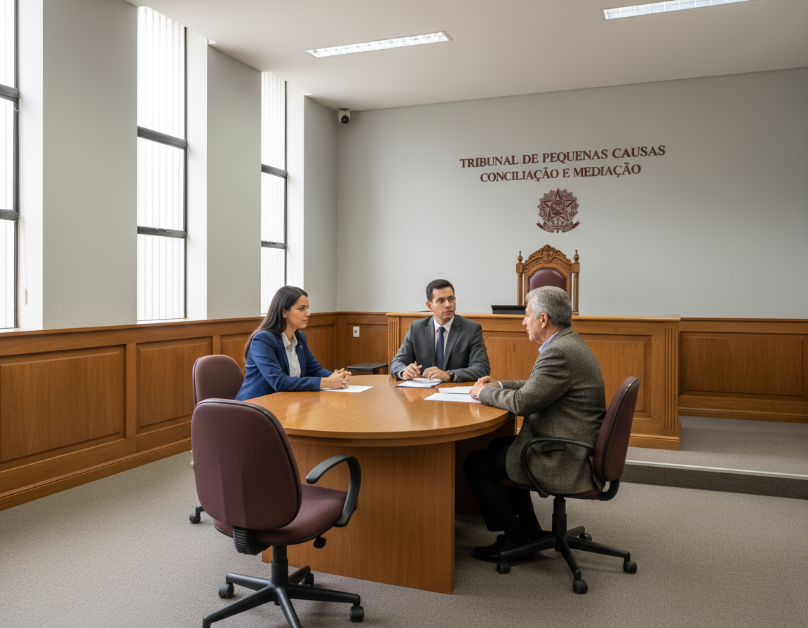 Audiência no Juizado Especial Cível envolvendo reclamação de consumidor em sala de pequenas causas