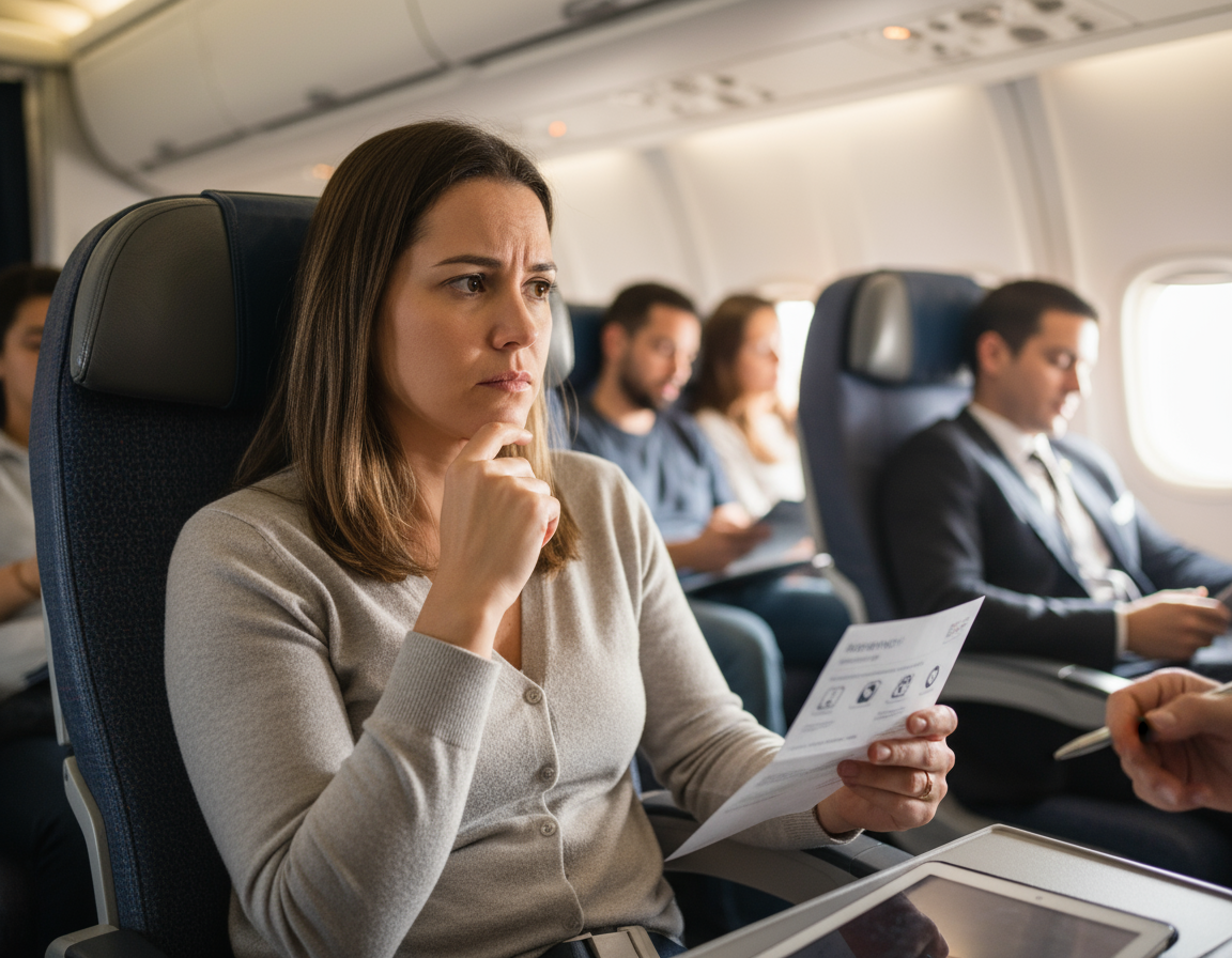 Passageira avaliando oferta de voucher de viagem no balcão da companhia aérea