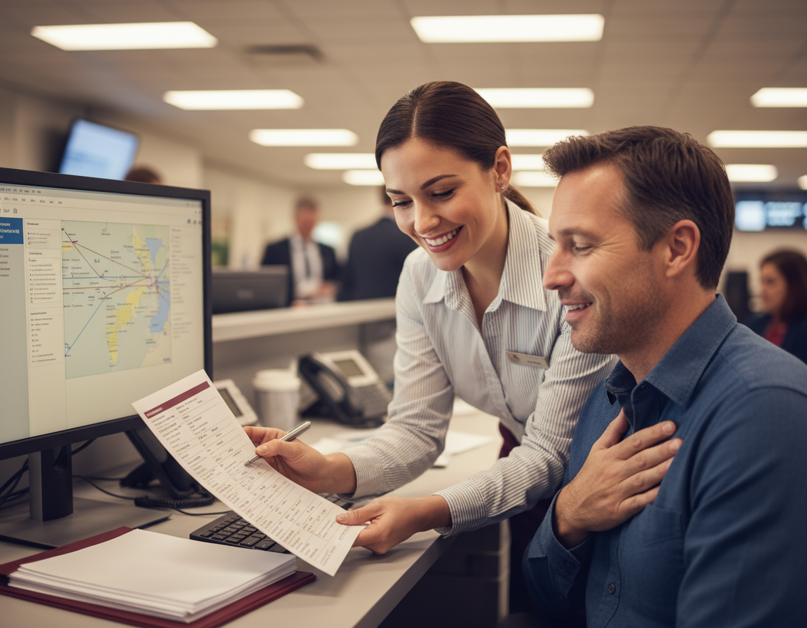 Reacomodação de voo cancelado com novo itinerário e PNR registrado no balcão