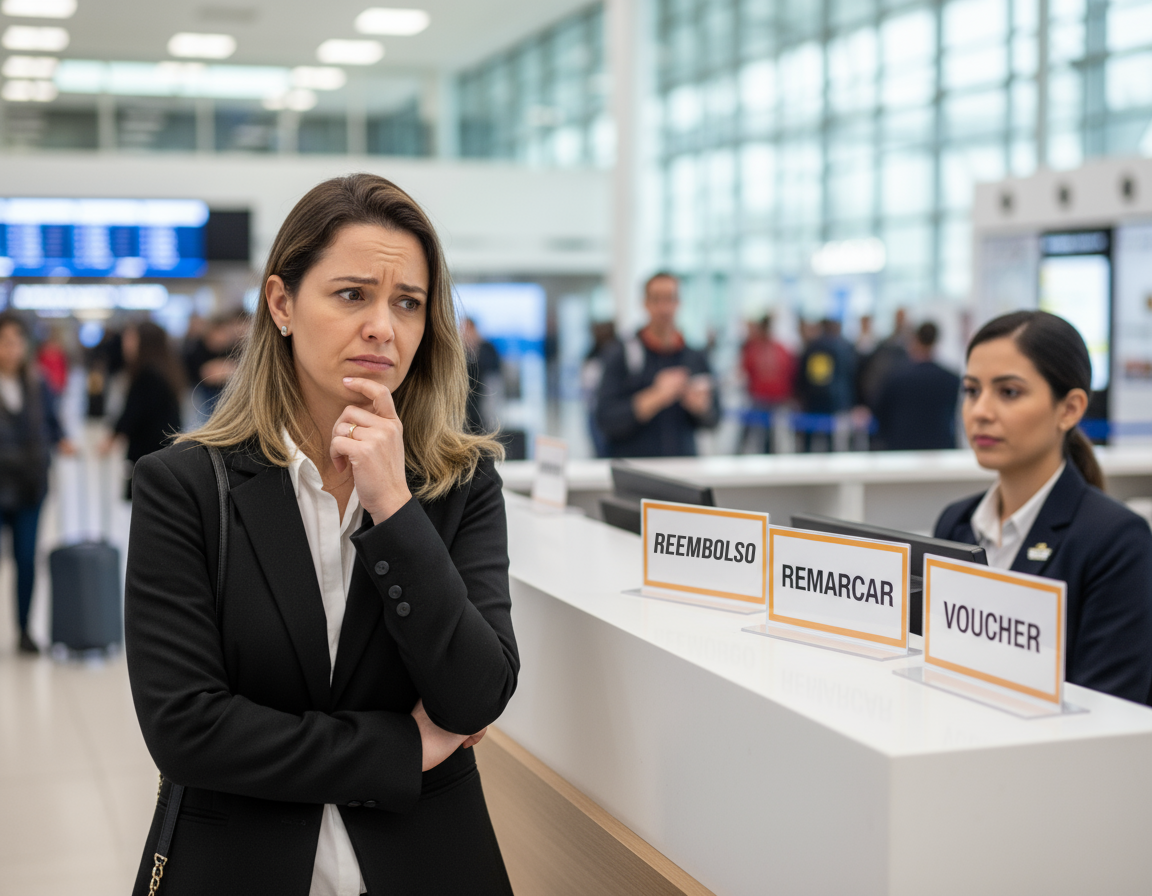 Passageira avaliando entre reembolso, remarcação ou voucher no balcão do aeroporto