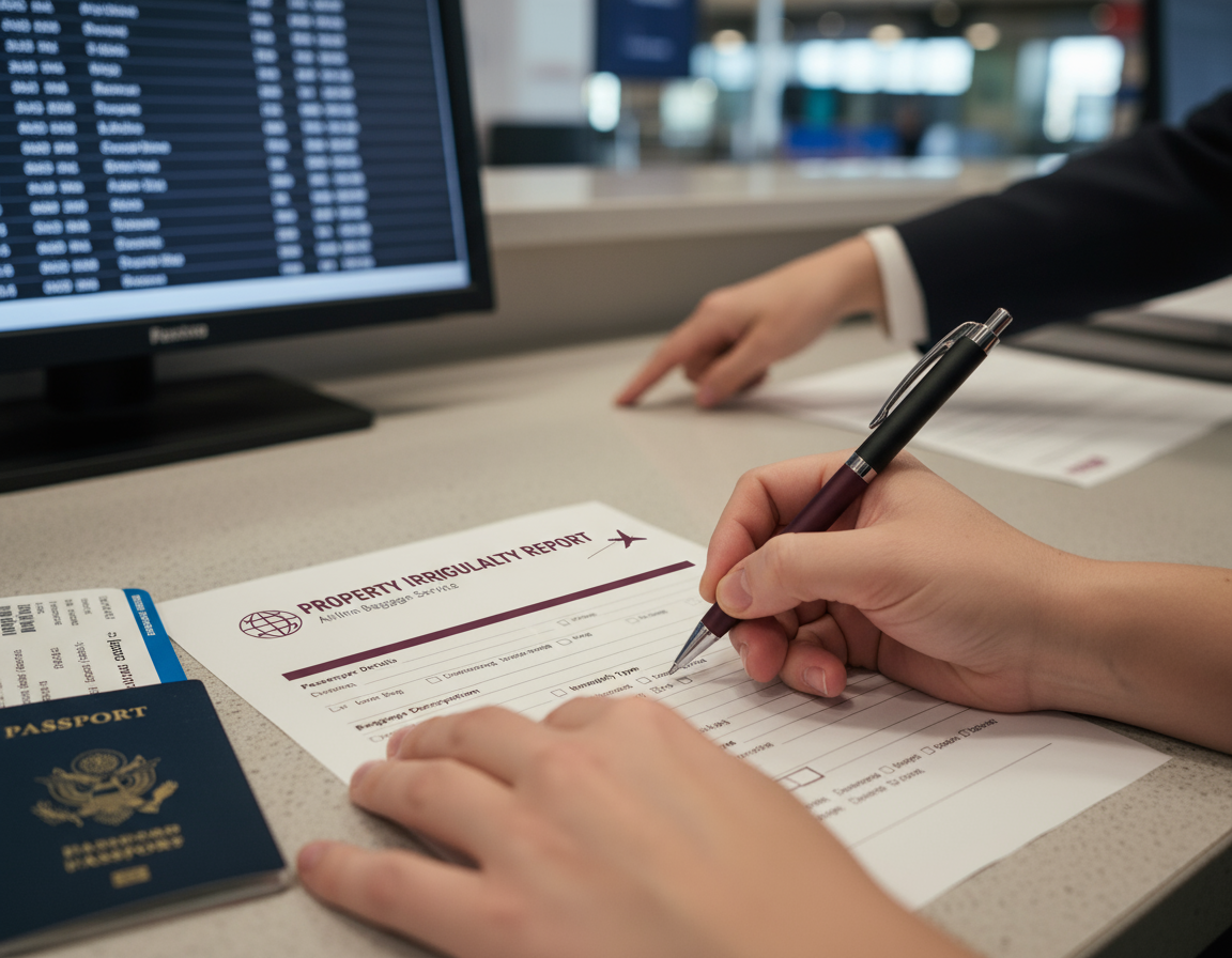 Passageiro preenchendo P.I.R. de bagagem extraviada no balcão do aeroporto