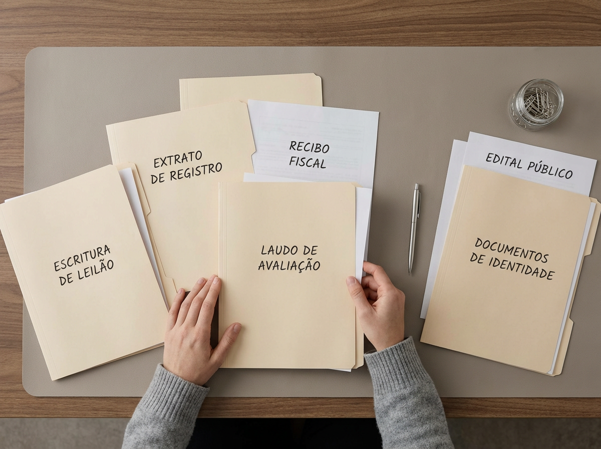 Conjunto organizado de documentos necessários para regularização pós-leilão de imóvel