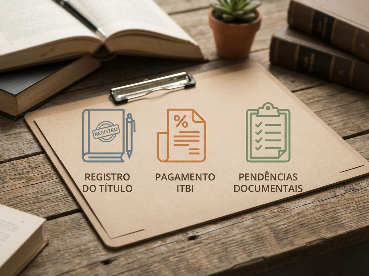 Advogada analisando registro, ITBI e pendências documentais na regularização pós-leilão de imóvel