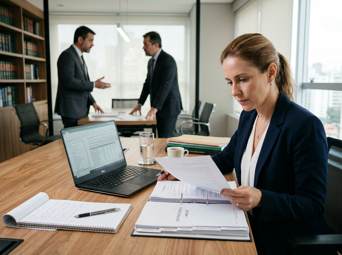 Advogada analisando documentos societários e conflitos entre sócios