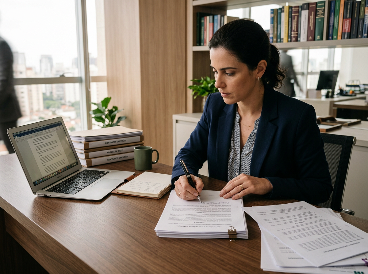 Advogada analisando contratos empresariais e documentos de revisão contratual