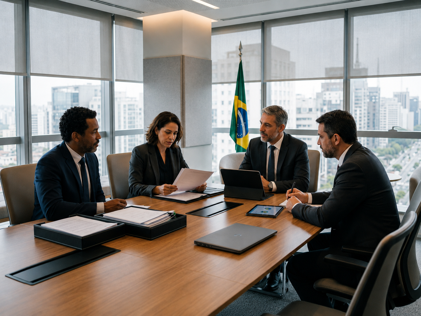 Advogada analisando documentos de compliance empresarial e governança corporativa