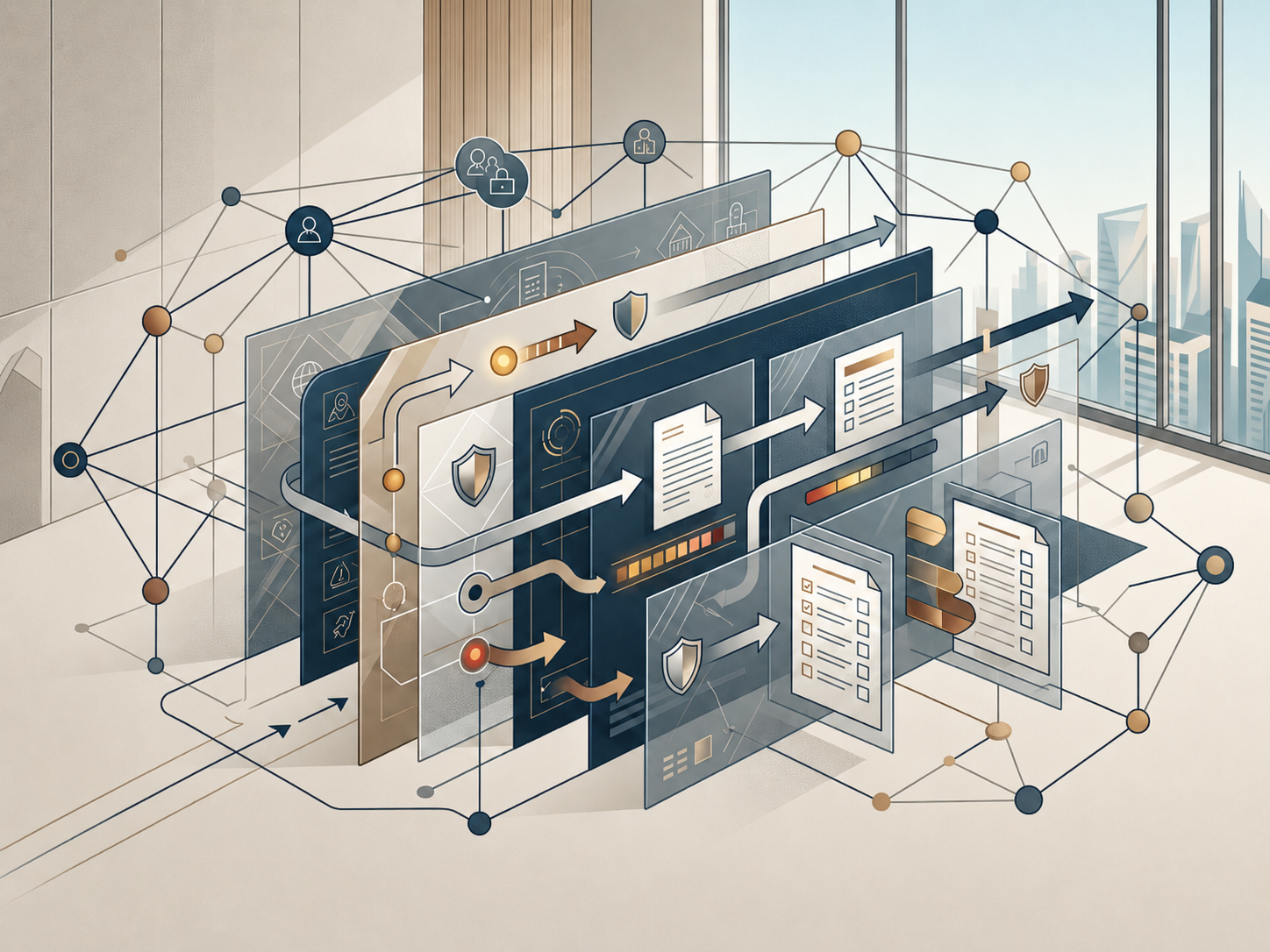 Advogada analisando documentos de compliance, governança e controles internos