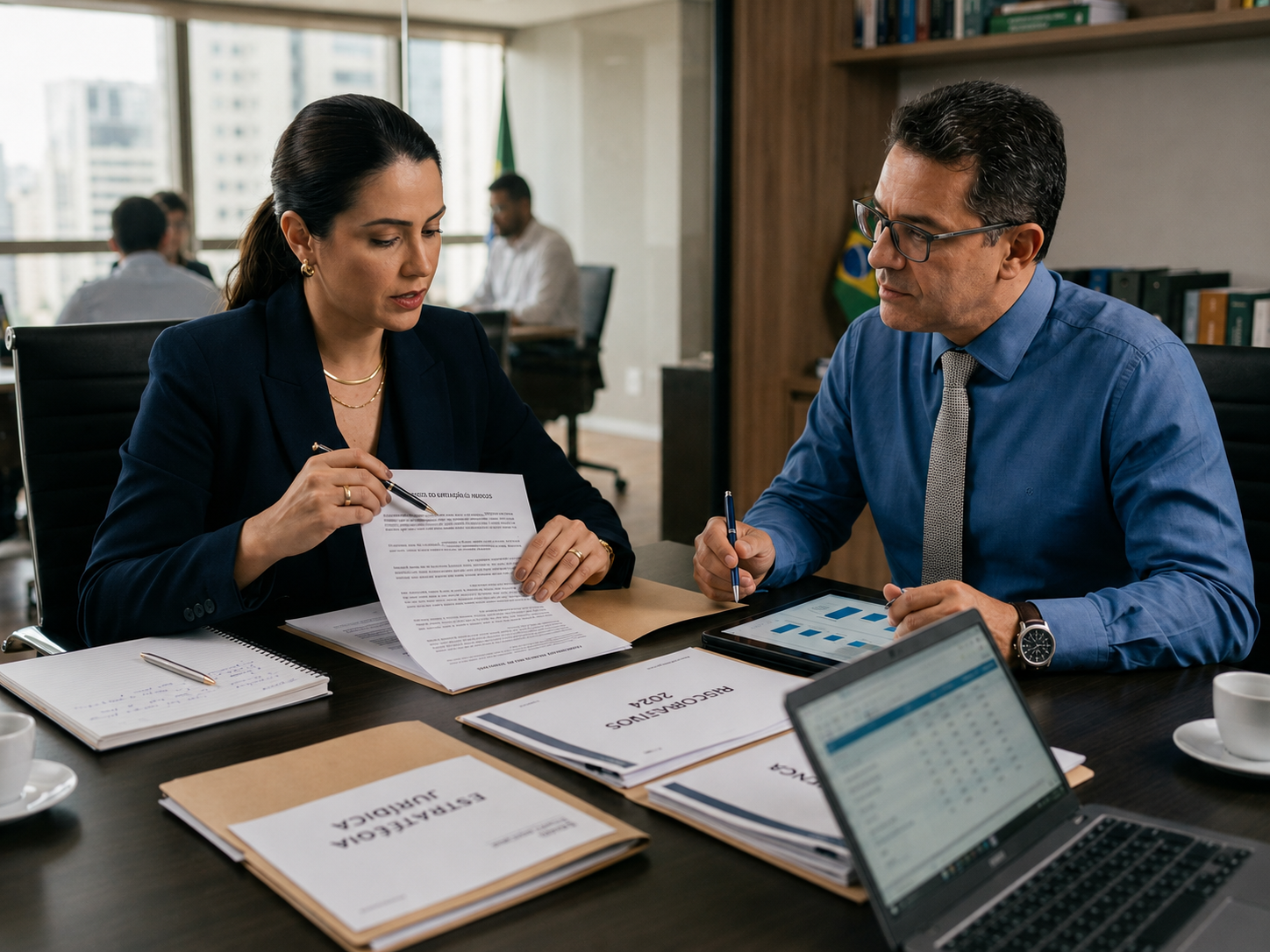 Advogada analisando documentos empresariais e estratégias de prevenção de riscos