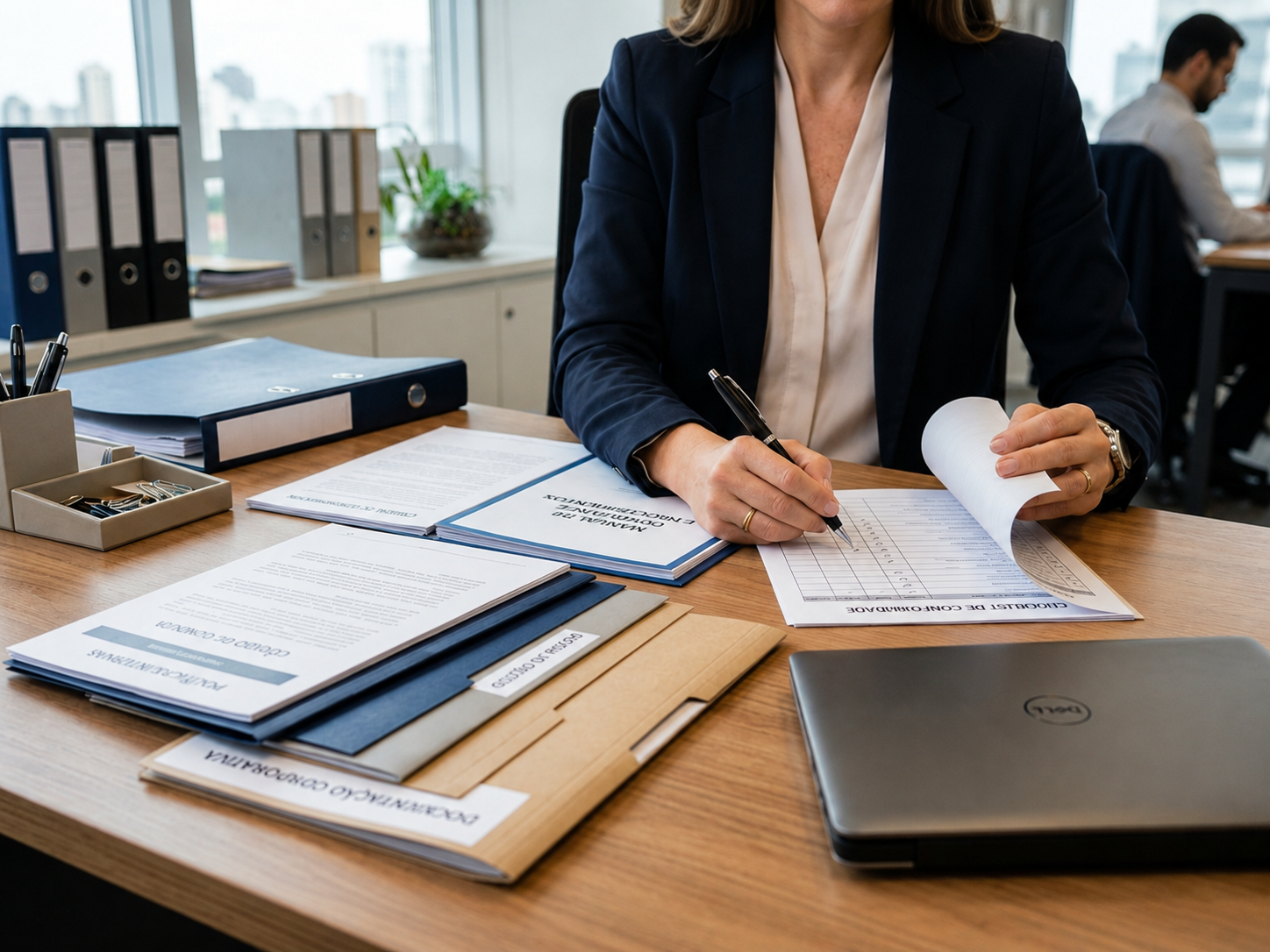 Advogada analisando políticas internas, compliance e governança empresarial