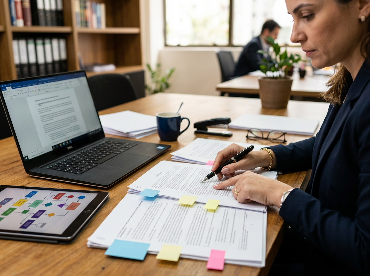 Advogada analisando contratos empresariais e documentos comerciais