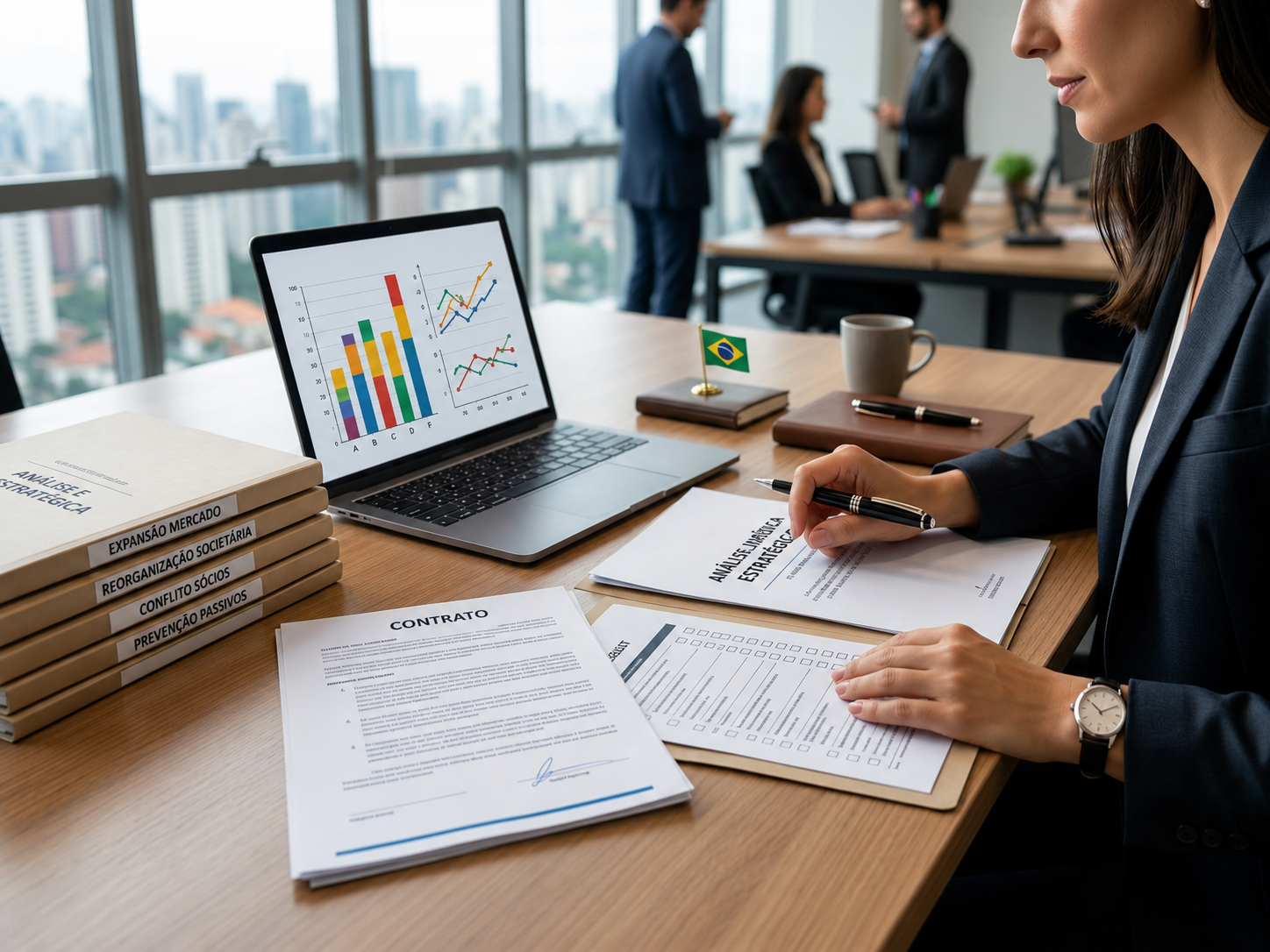 Advogada analisando situações empresariais, contratos e riscos jurídicos