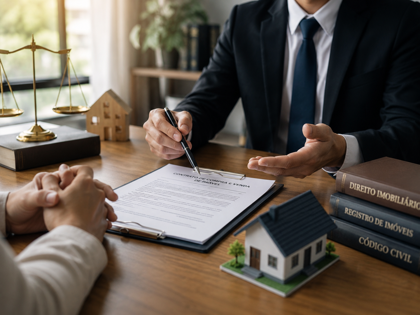 Advogada analisando matrícula e contrato de compra e venda de imóvel em Curitiba